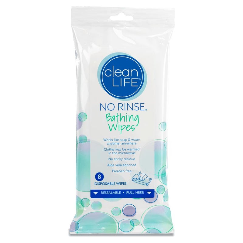 No Rinse كلينلايف مناديل الاستحمام بدون شطف - 8 مناديل للجسم للاستخدام مرة واحدة | مناديل تنظيف للاستحمام للكبار، وكبار السن، والتخييم، والمستشفيات | عناية شخصية بدون شطف للسفر، والمرضى المقعدين، والمصابين بالخرف - Image 1